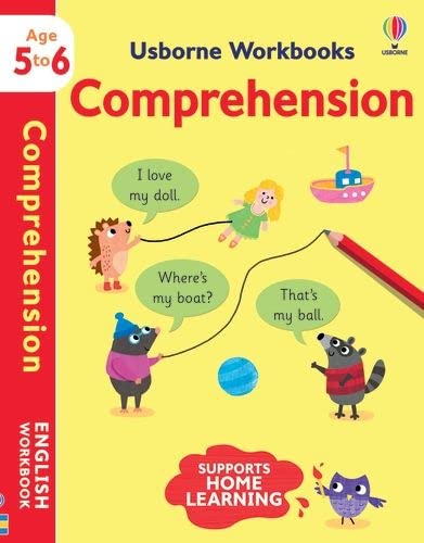 Usborne Workbooks Comprehension 5-6 cover with colorful cartoon animals and objects.