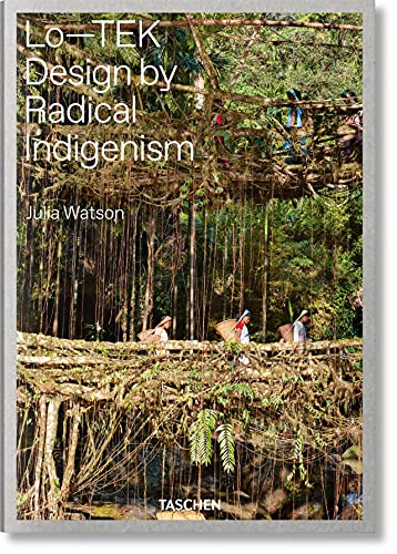 Book cover showing people walking across a living root bridge in a lush forest.