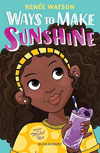 Book cover: girl with curly hair, yellow shirt, and purple drink.