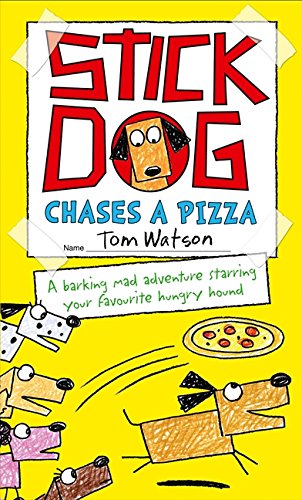 A yellow book cover with stick drawing of dogs chasing a pizza.