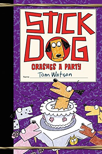 Book cover: stick-figure dog on a birthday cake with partygoers.