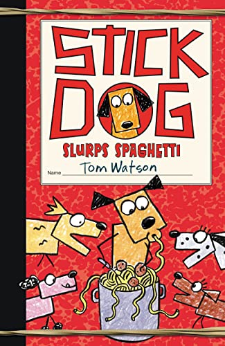 Red book cover with cartoon dogs and a bowl of spaghetti.