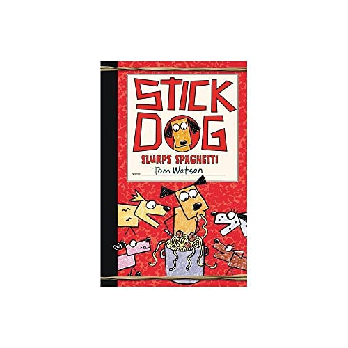 Book cover: Stick Dog and friends eating spaghetti, cartoon style.