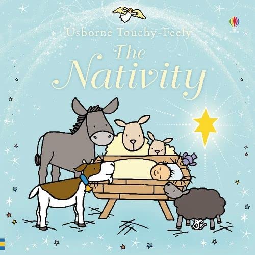 Illustrated nativity scene with animals gathered around baby Jesus in a manger.