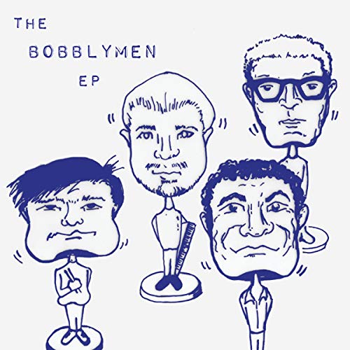 Blue and white cartoon illustration of four men’s faces on an EP cover.