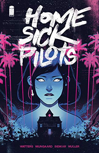 Comic book cover: girl with glowing eyes, haunted house, pink foliage.