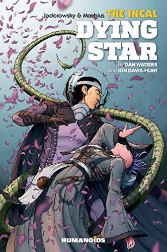 A man in a space suit holds a woman surrounded by falling pink petals.