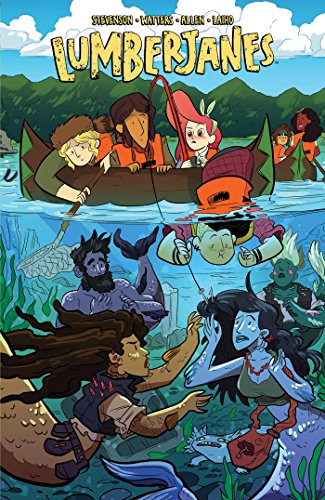 Lumberjanes graphic novel cover: girls in a canoe with mermaids below.