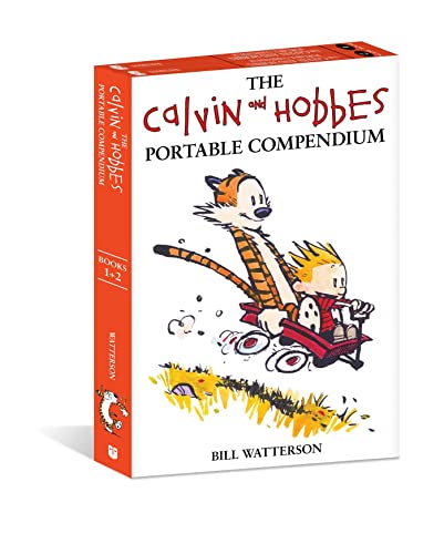 Calvin and Hobbes riding a red wagon on a white book box set.