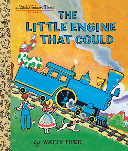 A blue train travels uphill with a clown, boy, girl, and dog nearby.