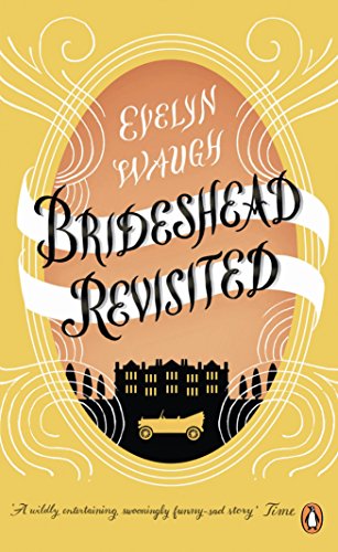 Book cover for "Brideshead Revisited" with an illustrated manor house.