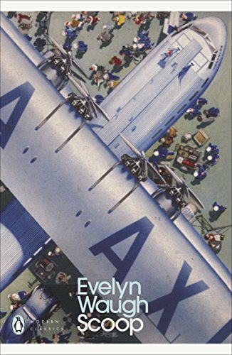 Book cover: silver airplane wing with text "Scoop" by Evelyn Waugh.