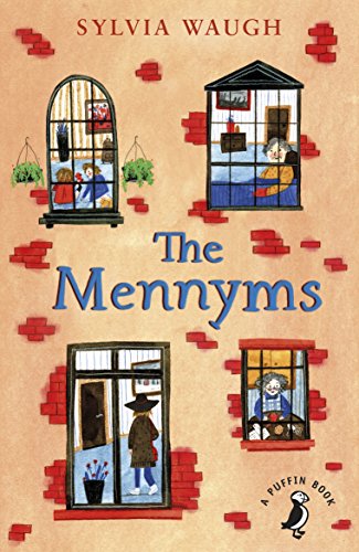 Book cover for "The Mennyms" featuring illustrated windows and figures.