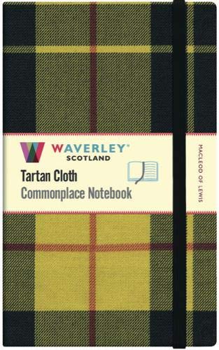 Tartan notebook with black elastic band and "Waverley" branding.