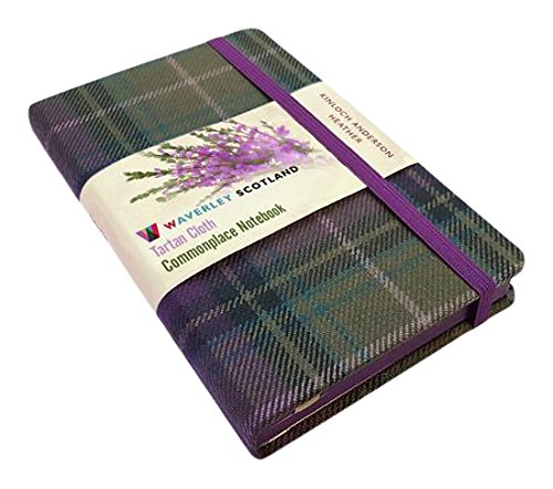 Tartan notebook with purple elastic band and heather flower label.