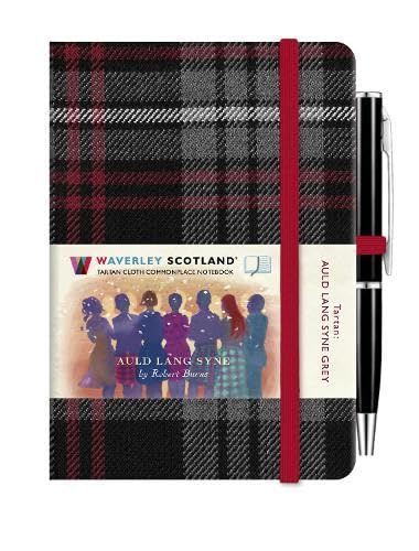Small tartan notebook with red ribbon and matching pen, closed.