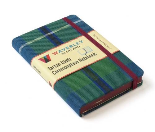 Tartan notebook with a cream band and red ribbon closure.