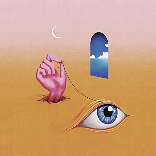 The image is an album cover featuring a surreal illustration. #### Alt text: "Album cover art: hand and eye with string, crescent moon, and arched sky portal."