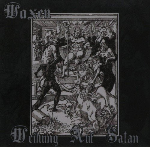 Black album cover with gothic text and a central black-and-white illustration.