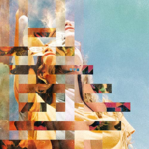 Pixelated image of a person looking up against a blue sky.