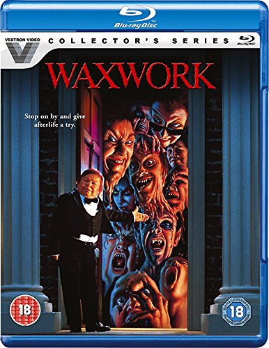 Blu-ray cover for Waxwork featuring a man in a tuxedo before a crowded doorway.