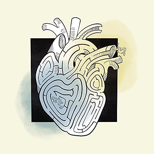 Anatomical heart shaped like a maze with small figures inside on a black square.