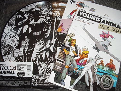 Vinyl record and comic book covers featuring black and white illustrations.
