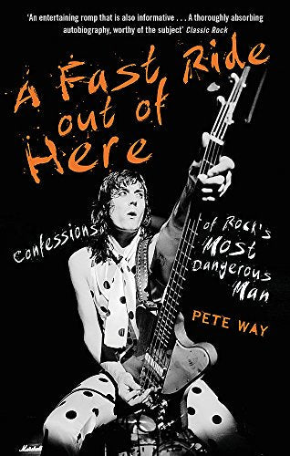 Book cover featuring Pete Way with a bass guitar, black and white photo.