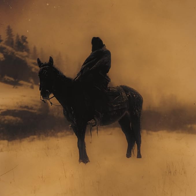 Sepia-toned image of a rider on horseback in a hazy landscape.
