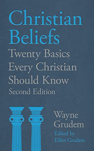 Book cover: "Christian Beliefs" by Wayne Grudem, with blue columns.