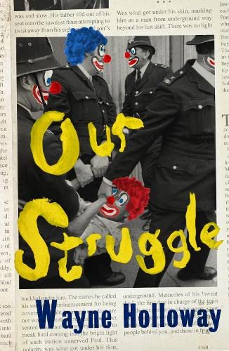 Book cover: police arresting a person dressed as a clown, yellow text.