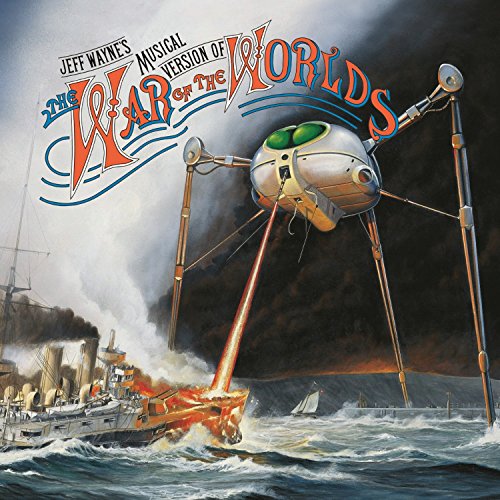 Album cover: Martian tripod attacking ships on a stormy sea.