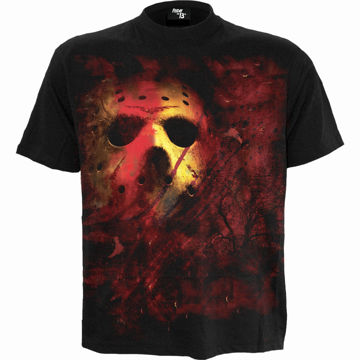 Black t-shirt with pink splatter graphic, flat lay presentation.