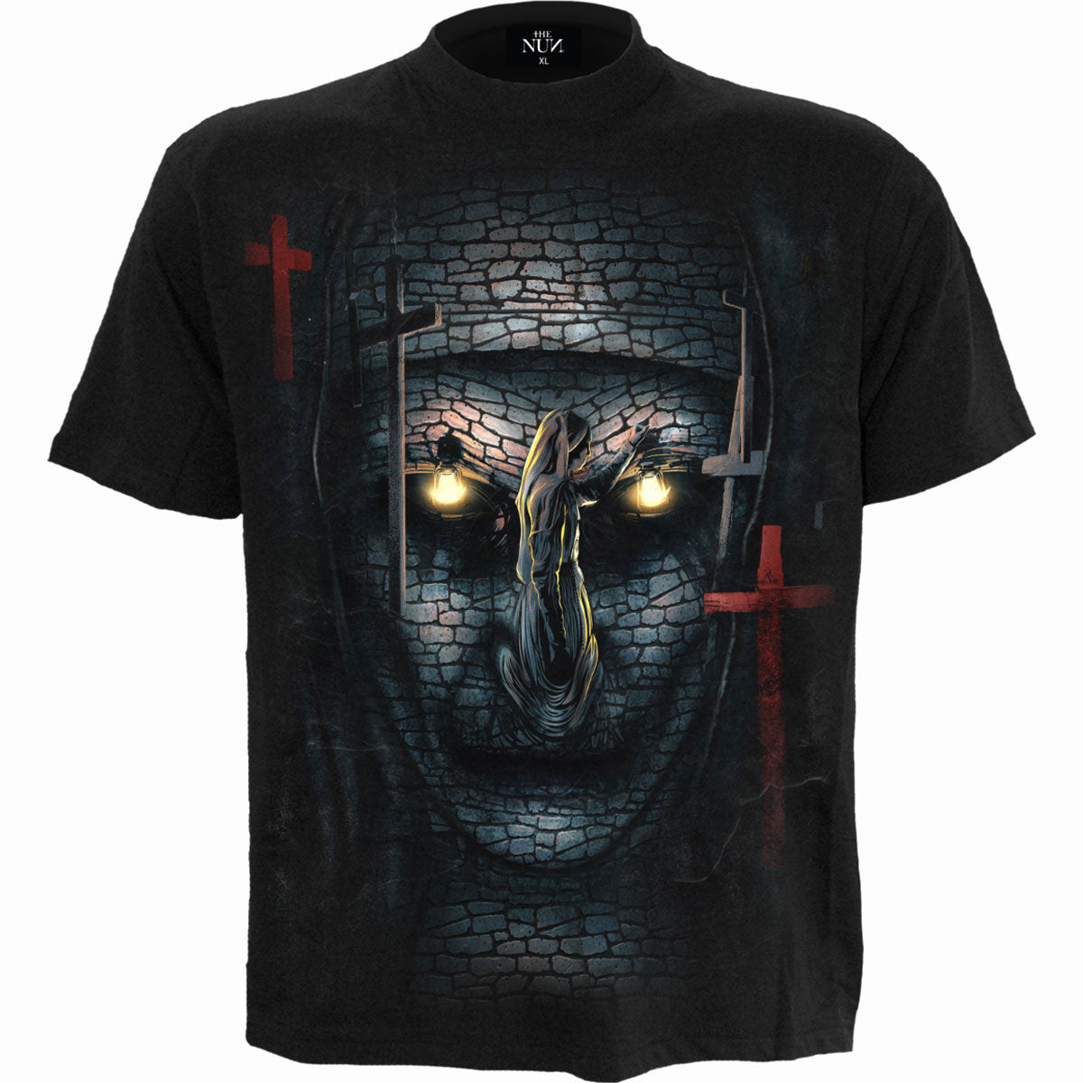 Black short-sleeve t-shirt with The Nun movie logo printed on the front.