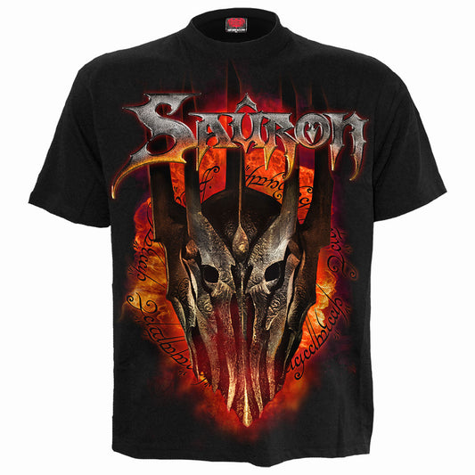 Black t-shirt with a large graphic of Sauron’s helmet and fiery text.
