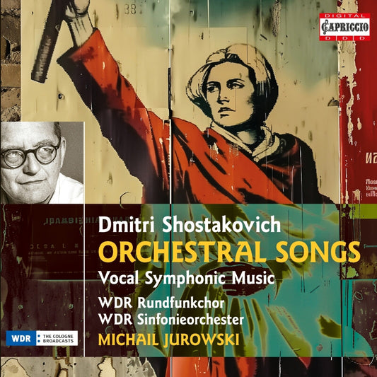CD cover featuring a stylized revolutionary figure, Dmitri Shostakovich portrait, and text overlay.