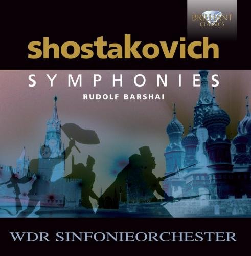 CD cover featuring Shostakovich symphonies text with Russian architectural silhouettes and soldiers in shadow.