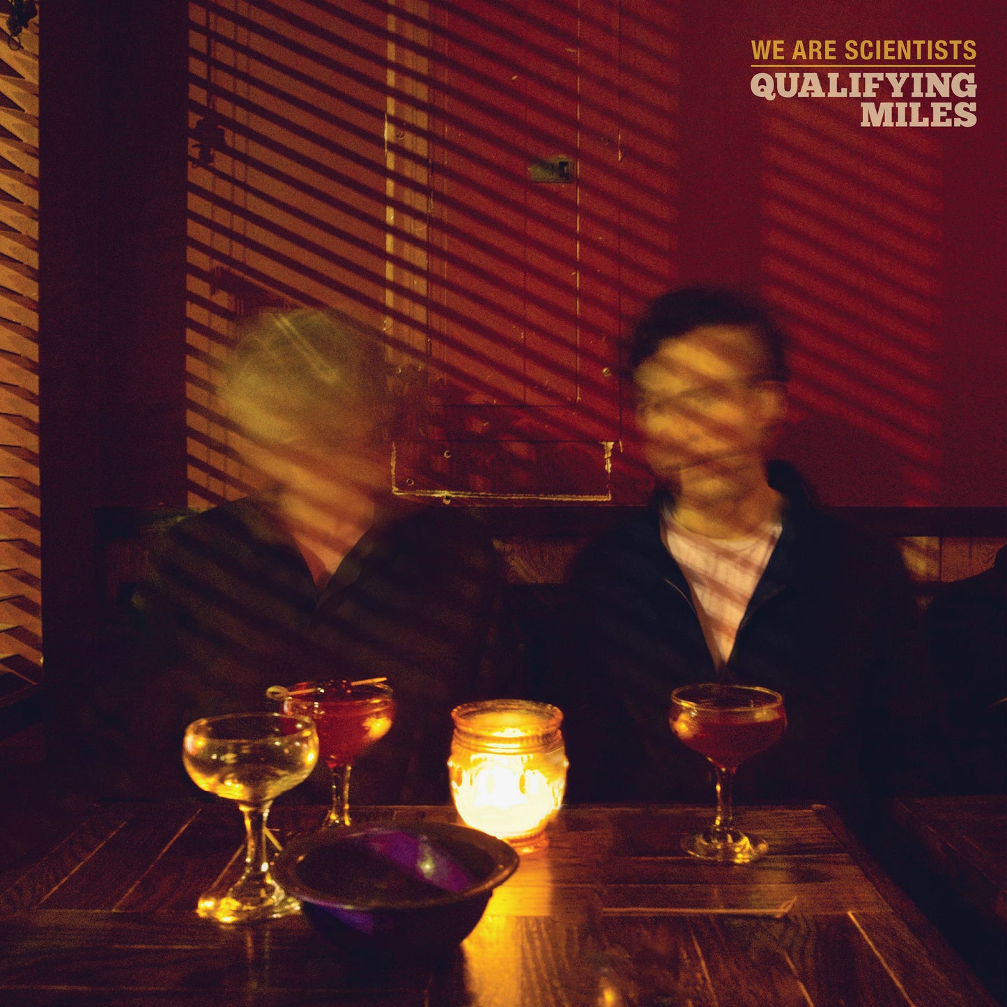 We Are Scientists" album cover: blurred figures, drinks, and warm lighting.