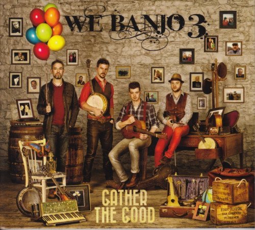 "CD cover featuring four men with instruments in a room with framed photos and balloons."