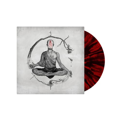 Vinyl record with album art of a meditating figure and red marbling.