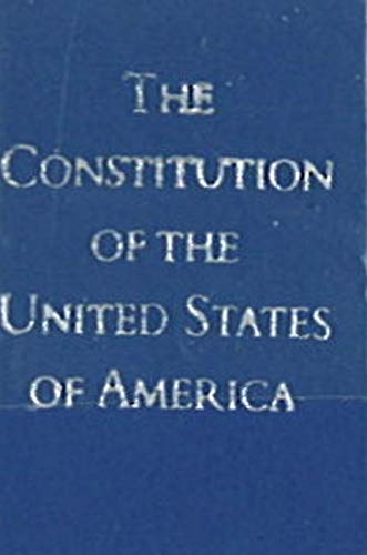 Close-up of a dark blue book cover with white text: "The Constitution of the United States.
