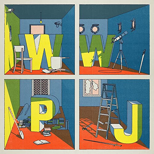 Album cover with illustrated room, large letters, and studio equipment.