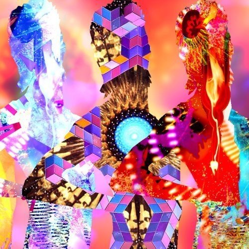 Abstract album cover with distorted faces and vibrant, geometric patterns.