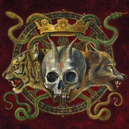 A horned skull flanked by a tiger and wolf, crowned, against a dark red background.