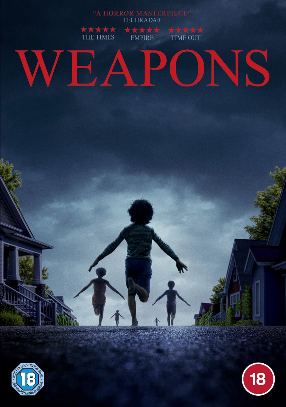 DVD cover for “Weapons” showing children running from a shadowy figure.