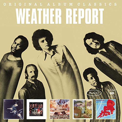 Weather Report album cover featuring five musicians and smaller album art images.