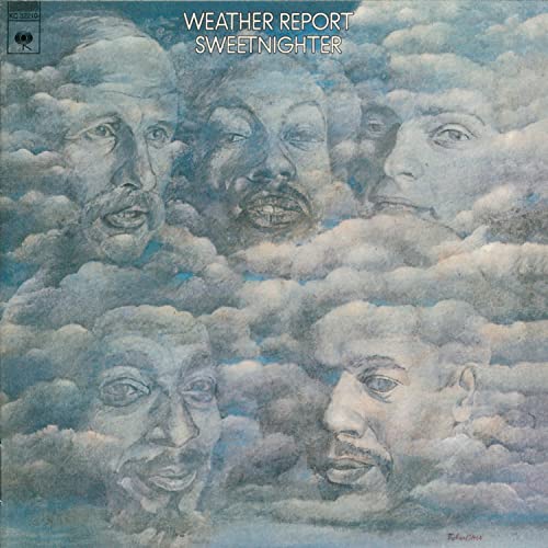 “Sweetnighter” album cover by Weather Report, featuring painted faces in clouds.