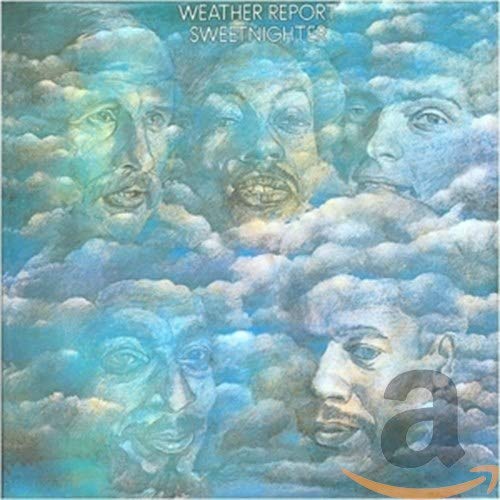 Album cover for Weather Report’s “Sweetnighter” featuring painted faces in clouds.