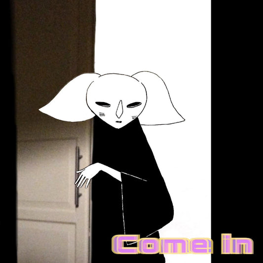Minimalist illustration of a dark figure opening a light-colored door.