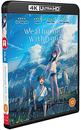 “Weathering With You” 4K Blu-ray cover featuring two anime characters in rain.